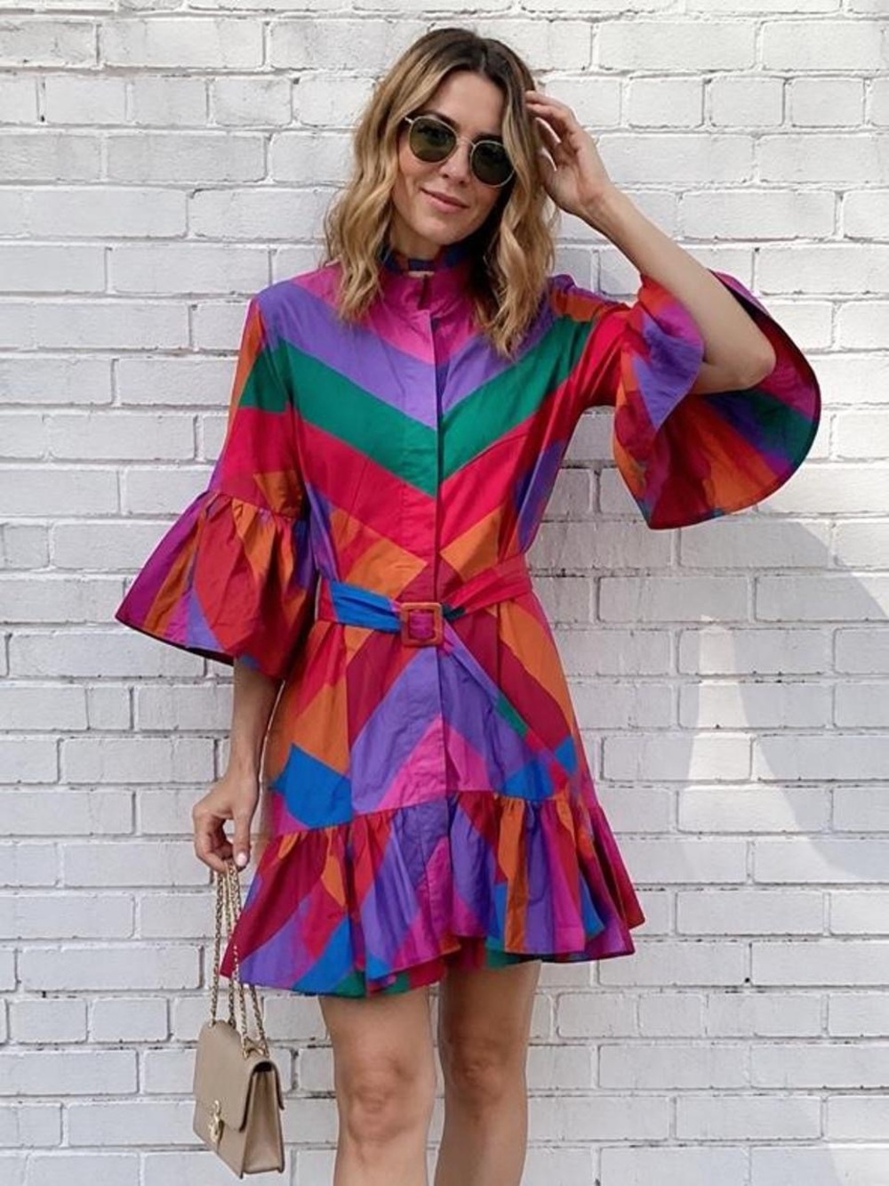 Bold Multicolor Chevron Belted Women's Dress